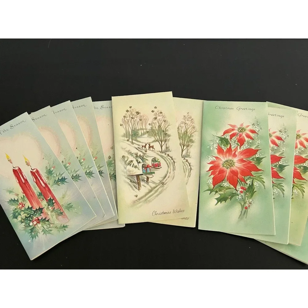 Christmas Cards Glitter Bulk Lot  Vintage Glitter Poinsettia Candle Winter Scene